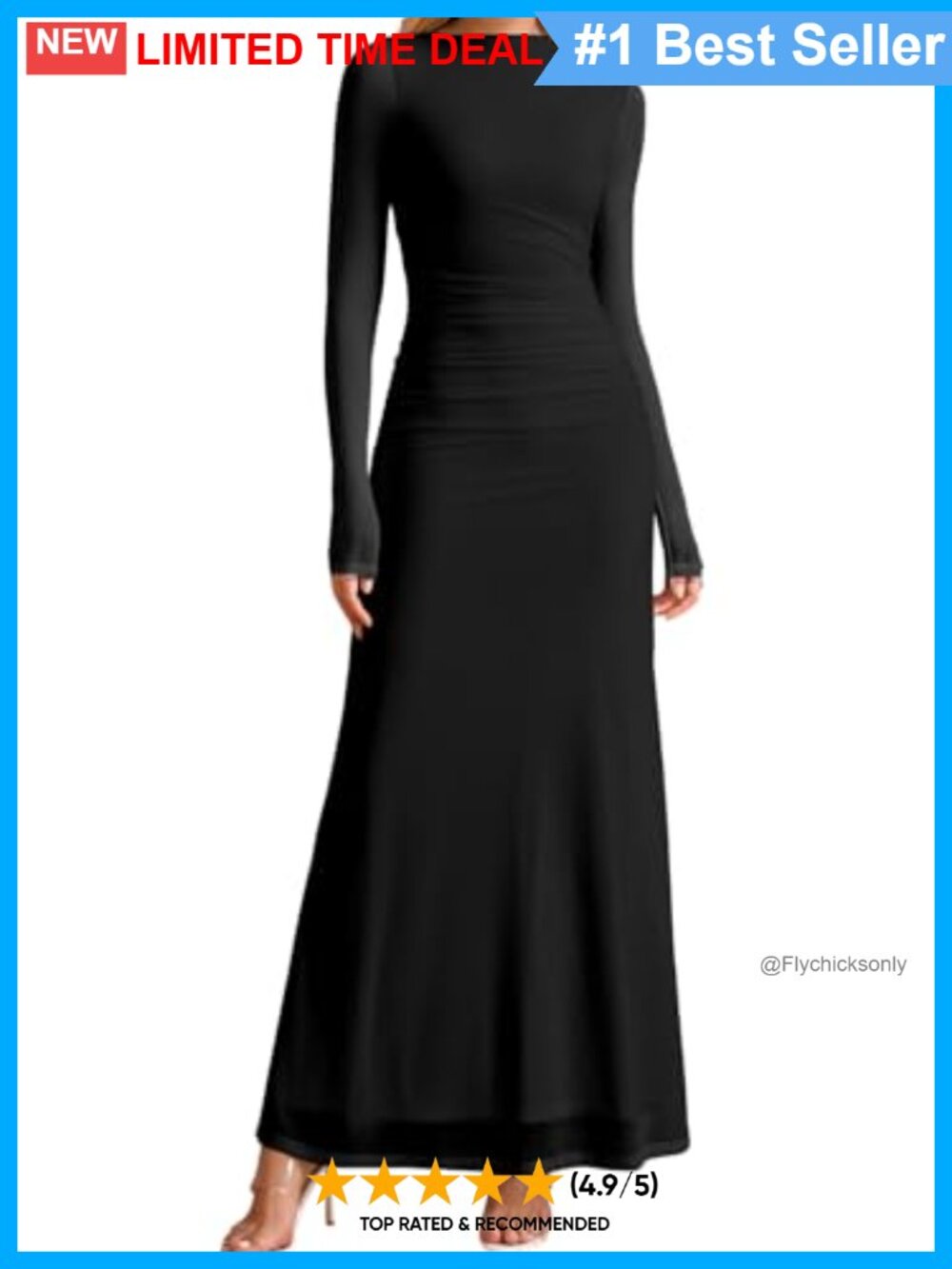 Long Sleeve Ruched Waist Formal Maxi Dress Mesh Flowy Wedding Guest
